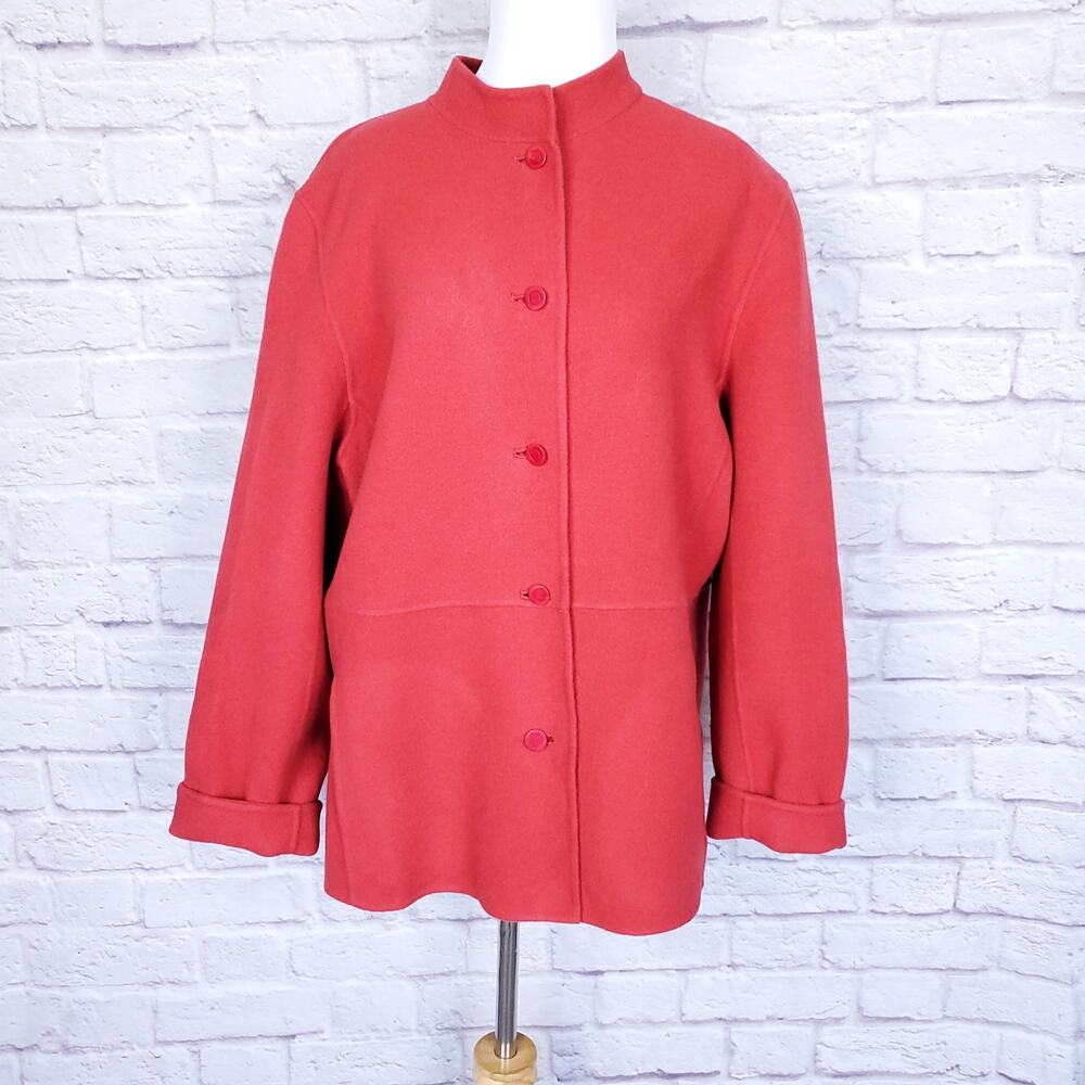 Eileen Fisher Coral Red Felted Wool Jacket Button Front Stand Up Collar …